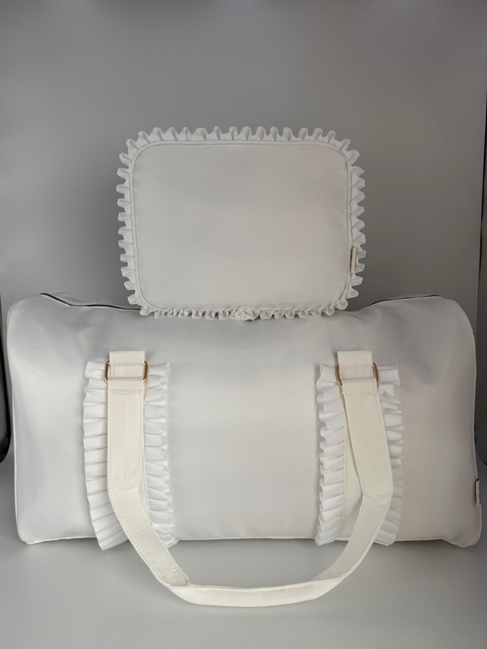 White Ruffle Weekend /Gym Duffel Bag and Cosmetic bag Set